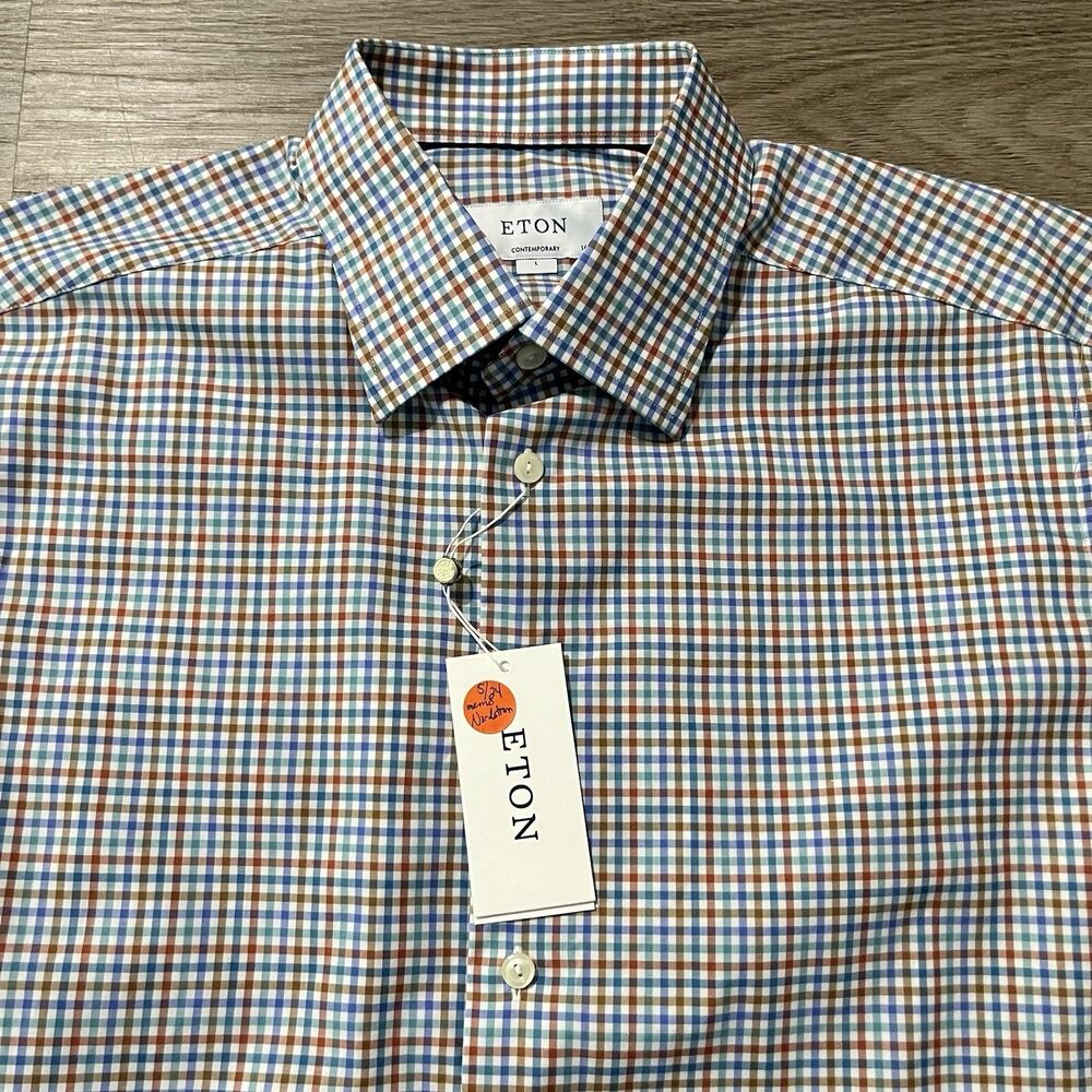Eton Contemporary Dress Shirt Blue Green White Mens Size 16.5/42 Plaid Gingham